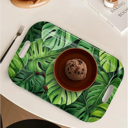 Serving Trays with Handles, 14.5 x 9.8 inch Rectangular Plastic Tray for Restaurant, Kitchen, Tropical Leaf Pattern Monstera in The Style - color: Tropical Leaf Pattern Monstera in the Style