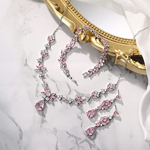 BriLove Wedding Jewelry Set for Women, Y-Necklace Tennis Bracelet Dangle Earrings with AAA Cubic Zirconia Teardrop for Bridal Bridesmaid - color: Pink Silver-Tone