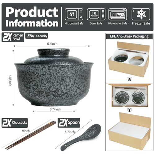 Ceramic Ramen Bowl Set of 2, Ramen Noodle Bowl with Lid 27oz Japanese Retro Style Soup, Pho, Udon Bowls, Matching Spoons and Chopsticks for Microwave & Dishwasher Safe, Black - color: Black, size: 2 Pcs