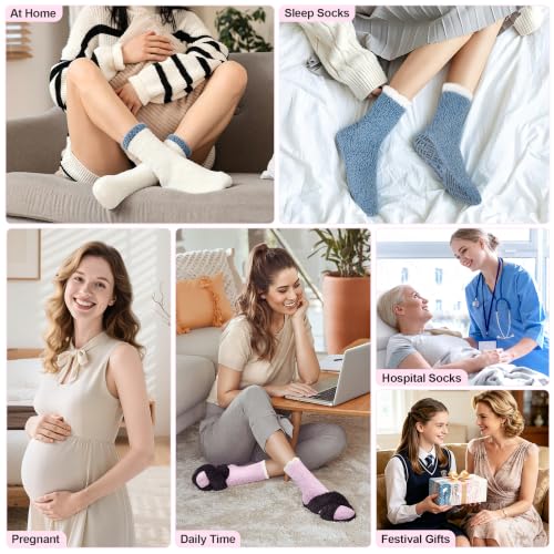 Bulinlulu Fuzzy Socks With Grips for Women, 5 Pairs Non Slip Sleep Warm Fluffy Slipper Socks Gifts for Women - color: Birthday-blue/Grey/Purple/Pink/White