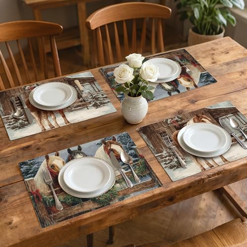Christmas Horse Table Placemats Set of 4 Place Mats Linen Wipeable Placemats Waterproof Rectangle Table Mat for Kitchen Dining Dinner 18 X 12 Inch - color: Christmas Horse