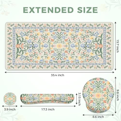 iCasso Green Desk Pad Mat, Large Mouse Pad and Keyboard Wrist Rest Set - color: Green Floral