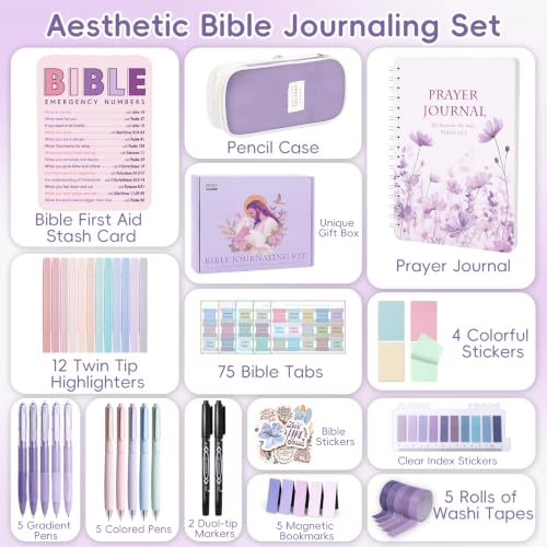 XKDOUS 50 Bible Study Supplies Journaling Kit with Journal and Case, Purple - color: Purple
