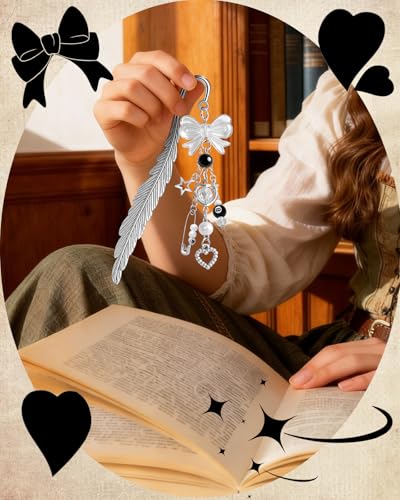 Buleens 2 Pack Bookmarks for Women Reading - Book Marks for Readers Book Lovers, Cute Y2K Pink Bow Strawberry Personalized Metal Bookmark with Pendants, Pretty Aesthetic Book Accessories Reading Gifts - color: Sliver Y2k Bow