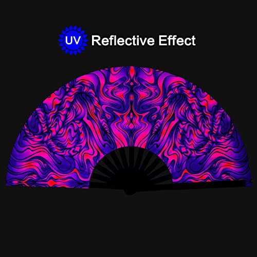 UV Glow Rave Fan, Bamboo Folding Clack Hand Fans Foldable for Men Women, Poping Fan for EDM Festival Line Dance Decoration, (Wellen, Large 13") - color: Wellen, size: Large 13"