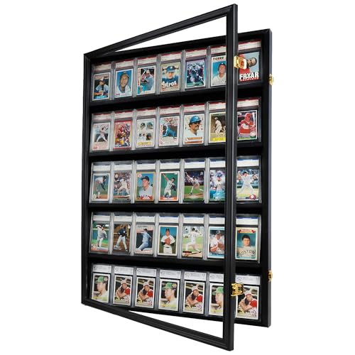 DisplayGifts PRO-Collector's 35 Graded Sports Card Display Case, for Football, Baseball, Basketball, Hockey Cards - 98% UV Protection (Vertical-Black Finish) - size: 35 Cards Holder-Black Frame-Vertical