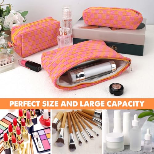 3 Pcs Makeup Bag Checkered Cosmetic Bag Large Capacity Traveling Toiletry Pounch Organizer Cute Makeup Brushes Aesthetic Accessories Storage Bag for Girls Women(Orange-Purple) - color: Orange-Purple