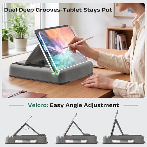Tablet Pillow Stand, Multi-Angle Foldable iPad Holder for Bed, Sofa, Desk, Lap, Soft Pad Dock with Storage Pocket & Stylus Mount, for 4.7-13" Devices iPad,iPhone,E-Reader,Books (Grey) - color: Grey