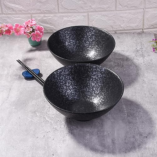 Japanese Ceramic Noodle Bowl Set of 2, 8.2 Inch Black Ramen Pho Bowls - color: Black