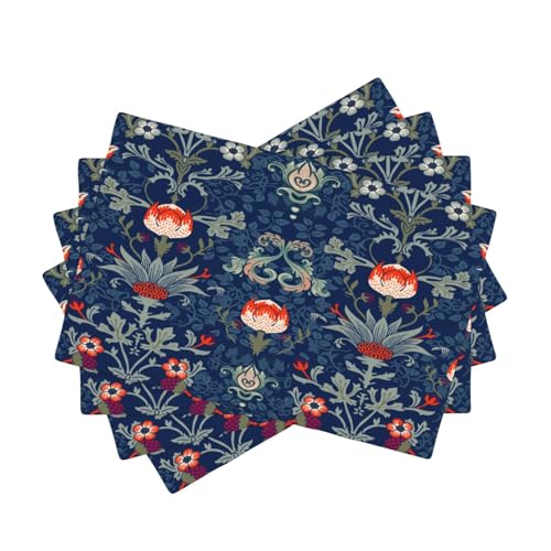 Vintage Morris Art Placemats 4 Pcs,Retro Floral Botanical Leaves Blue Design Linen Placemats for Kitchen Table Dining Room Coffe Set of 4 - color: Blue, size: 12x18"Placemats x4