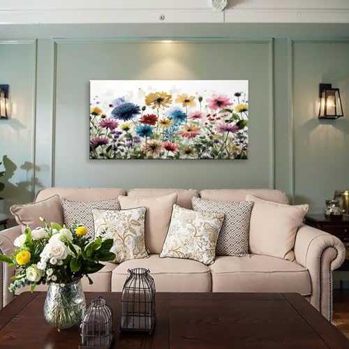 KZKU Flower Wall Art Canvas Prints Multi-colored Watercolor wildflowers Pictures Wall Decor Artwork Home Decor for Living Room Dining Room Bedroom Office Bathroom 24" x 48" - color: Colorful Flowers, size: 48"L x 24"W