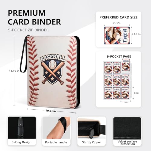 Baseball Card Binder, 9 Pocket Trading Card Zip Binder Holds 1080 Cards - color: Baseball