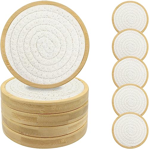 Wood Coasters for Drinks, Eykao Absorbent Coaster Sets of 5, Woven Drink Coasters for Coffee Table, Housewarming Gift for Farmhouse Home Decor,4 inches - color: White