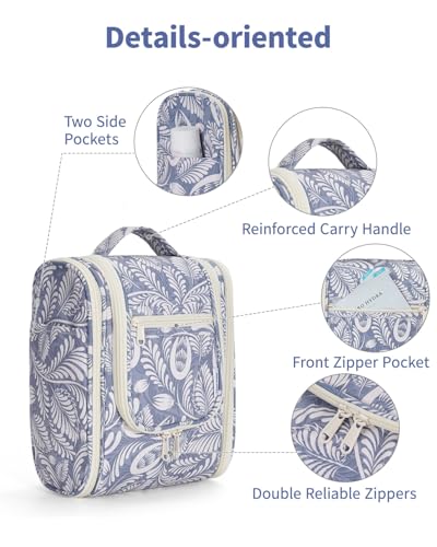 Narwey Hanging Travel Toiletry Bag for Women, Cosmetic Makeup Bag - color: B-Blue Leaf, size: Medium