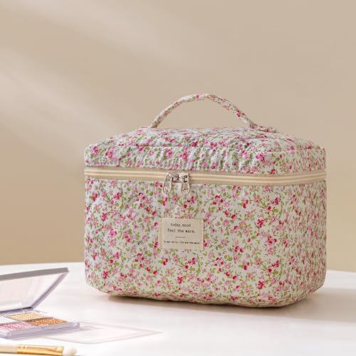 HBselect Quilted Makeup Bag, 3Pcs Cotton Large Travel Makeup Bags Organizer - color: A-3PCS-Floral 19