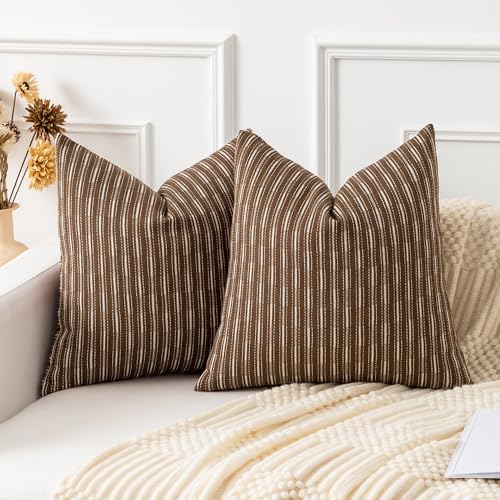 Kevin Textile Pillow Covers, Square Throw Pillow Covers Set of 2, Boho Woven Texture Linen Decorative Burlap Pillow Cases for Couch Bedroom Living Room, 18x18 inch, Brown - color: A-brown, size: 18" x 18" (Pack of 2)
