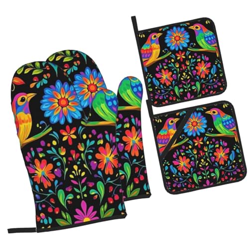 4 Pcs Mexican Flower Oven Mitts and Potholders,Kitchen Oven Glove with Pot Holders,Non-Slip Gloves High Heat Resistant 500 Degree for BBQ, Grill, Baking, Cooking, Oven, Microwave