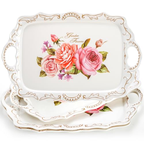 Nicunom 3 Pack Melamine Serving Tray with Handles, Floral Serving Trays Stackable Food Tray for Eating Unbreakable Large Serving Platter for Party, Decor, Home, Restaurant, Gift,16" L x 11" W