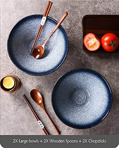 Lareina Ceramic Japanese Ramen Bowls, 2 Sets (6 Piece) 60 Ounce, Large Noodle Soup Bowl with Matching Chopsticks and Spoons for Asian Pho Udon Soba, Blue - color: Blue