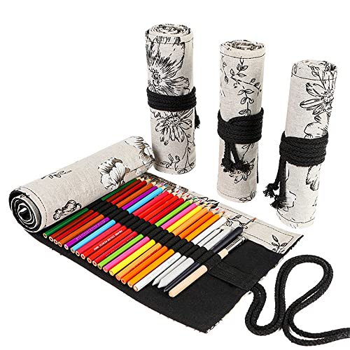DIYOMR 24/36/72 Slots Pencil Wrap Pencil Rolls, Artist Colored Pencils Roll Up Bag Short Brushes Pouch Case Pencils Organizer for Drawing Coloring and Sketching,No Pencils (Peony Flower, 24slots) - color: Peony Flower, size: 24slots
