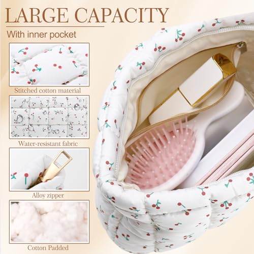 Hillban Cherry Color Puffy Quilted Makeup Bag for Women Gift, Classic - color: Cherry Color, size: Classic