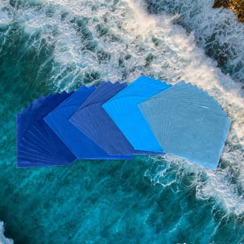 Natural Fiber Mulberry Paper Sheets 6 x 6 Inches, 50 PCS Handmade Craft Paper for Origami, Scrapbooking, Card Making, DIY Decoration, Mixed Media Art (Ocean Blue Tone, 6x6 Inch) - color: Ocean Blue Tone, size: 6 x 6 inches