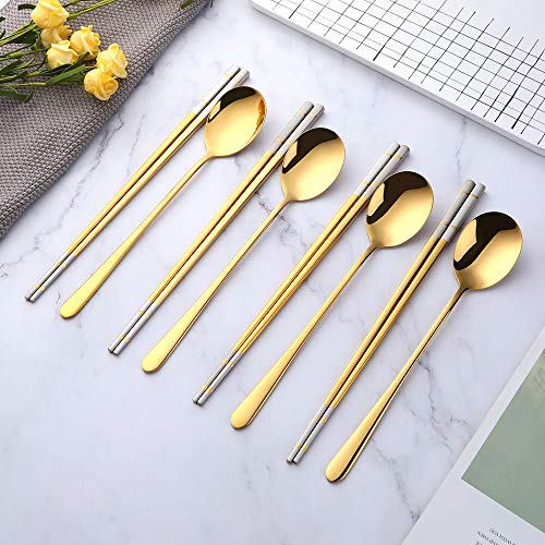 Buyer Star 4 Set Gold Square Chopsticks and Spoons Set Metal Stainless Steel Spoons Chopsticks Set - color: gold-square chopstick and spoon