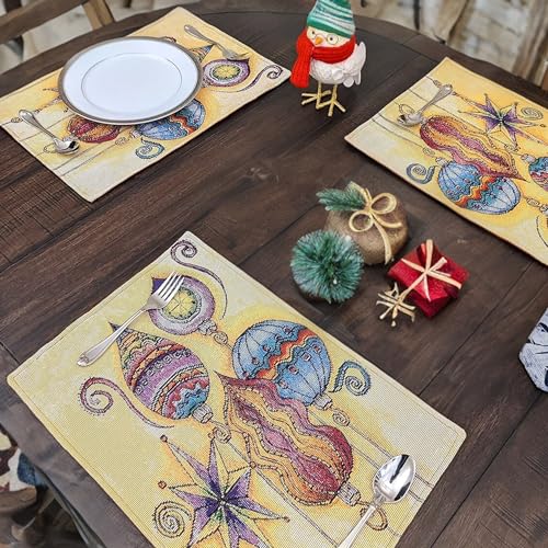 DaDa Bedding Bohemian Ornaments Tapestry Placemats - Set of 4 Festive Christmas Holiday Turkish Star Lights Lanterns - Needle Stitched Cotton Linen Woven Kitchen Dining Table Mats - 13” x 19” (14916) - color: Bohemian Ornaments