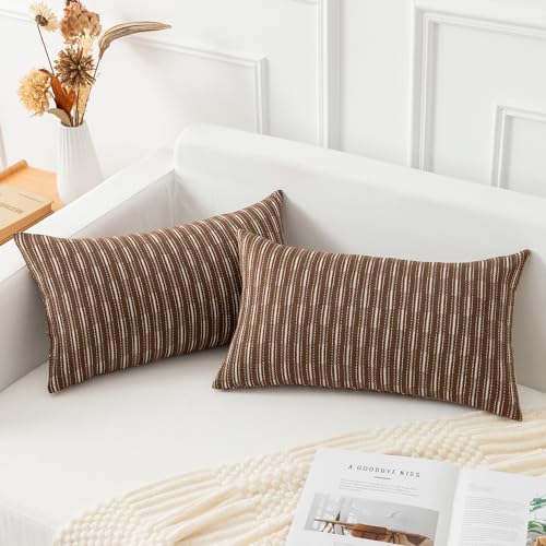 Kevin Textile Pack of 2 Farmhouse Decorative Throw Pillow Covers Boho Woven Texture Burlap Linen Cushion Cover Striped Pillowcase, Brown 12 x 20 inches 30 x 50 cm - color: A-brown, size: 20" x 12" (Pack of 2)