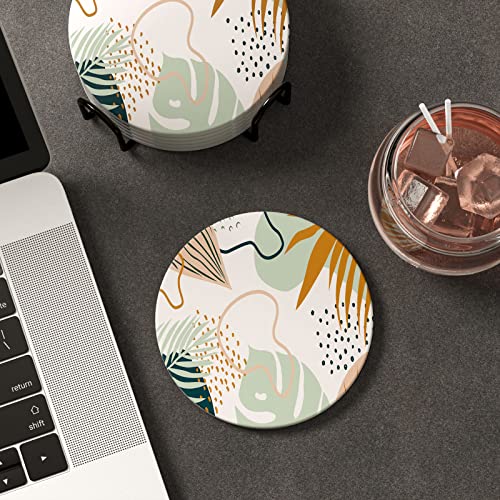 Coasters for Drinks, Set of 6 Cute Absorbent Ceramic Drink Coasters - color: Boho Leaves