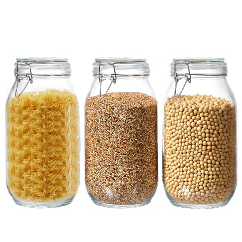 3 Pack 68oz Food Storage Jars with Airtight Lids, Preserving Seal Wire Clip Fastening Glass Containers, Canisters for Kitchen Organization, Flour, Cereal, Pasta, Sugar, Beans, Pickling Jars(68 Oz*3) - size: 68 Oz*3