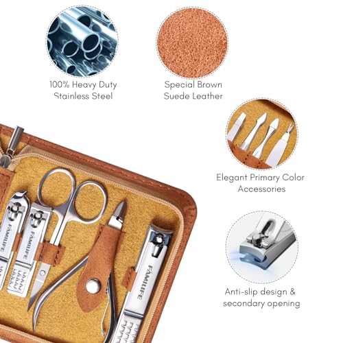 FAMILIFE Manicure Set, Nail Professional Kit Manicure Kits Nail Clipper Sets, 13PCS Stainless Steel Pedicure Sets Mens Grooming Tool, with Brown Leather Travel Case for Men - color: Bright Silver