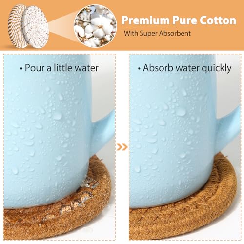 Mckanti 8 Style Drink Coasters with Holder, Absorbent Coasters for Coffee Table, Minimalist Cotton Woven Coaster Set for Home Decor Tabletop Protection Suitable for Kinds of Cups, 4.3 Inches. - color: Muti-color E