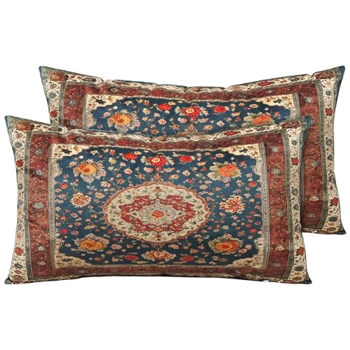 Vintage Floral Soft Velvet Throw Pillow Covers 12x20 in Boho - color: Dark Blue, size: 20" x 12" (Pack of 2)