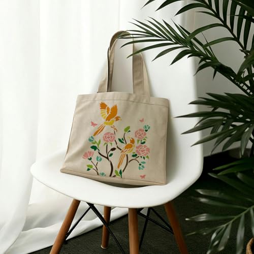 2pcs 11.8"x11.8" Chinoiserie Magpie on Tree Branch Wall Stencil Templates, Birds and Flower Reusable Plastic Stencil for Painting on Wood Floor Tile Fabric Glass Furniture DIY Home Decor - style: Magpie