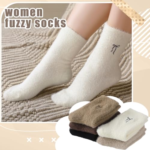 Geyoga 5 Pairs Fuzzy Bow Socks for Women Fluffy Slipper Gift - color: Neutral
