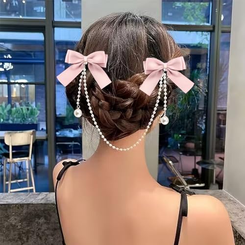 Satin Bow Hair Clips Pearl Tassel Chain Hair Bows Barrettes Pink Bow Claw Clip Hairpins Sweet Bowknot Snap Hair Clip Small Cute Alligator Hair Clips Hair Accessories for Women Girls Toddlers - color: Pink
