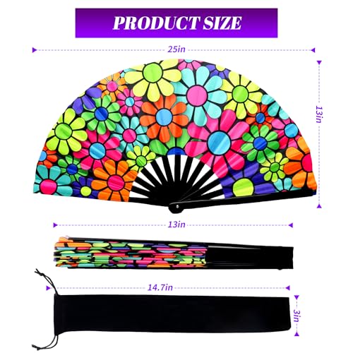 13 Inch Large Rave Fan & Clack Fan for Line Dancing - Folding Hand Fan with UV Glow for Boots on The Ground, Performance, Wedding, Party - Portable Handheld Fan for Women & Men - color: Cartoon Flowers*1