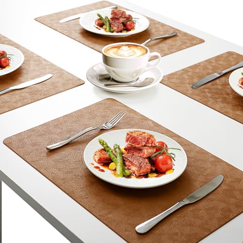 Brown Plastic Placemats Set of 8, Faux Leather Waterproof Table Mats - color: Brown