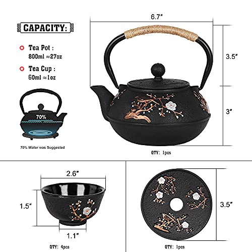 Cast Iron Tetsubin Kettle Teapot Set with Cups Trivet Infuser - color: Plum