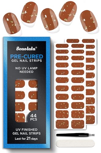 Real Gel Nail Strips (No UV Light Needed) - 44Pcs Salon Quality Nail Stickers - Long Lasting Polish Wraps for Women, Easy Apply & Remove (Brown Metallic) - color: Brown Metallic Flakes