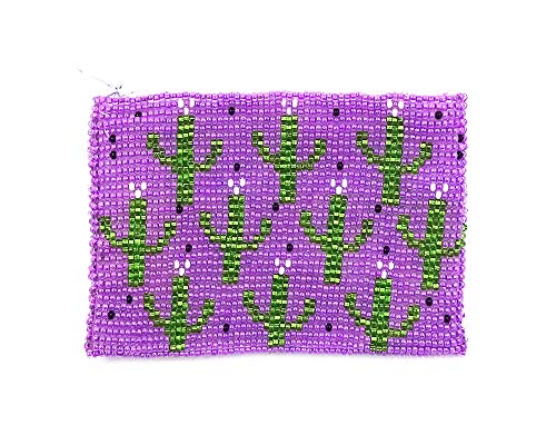 Multi Saguaro Cactus Pattern Czech Glass Seed Beaded Coin Purse Zipper Pouch - Womens Fashion Handmade Bags Boho Travel Accessories (Pink) - color: Pink