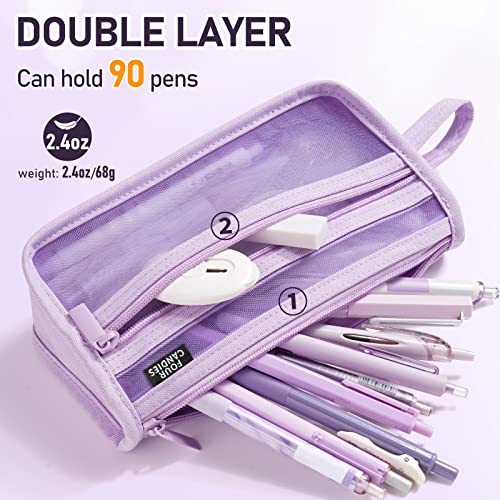 Four Candies Grid Mesh Pencil Case, Clear Double-layer with Handle (Pink) - color: Pink