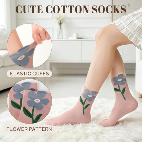 5/6 Pair Crew Socks for Women Floral Socks - color: Black, Blue, Green, White, Pink