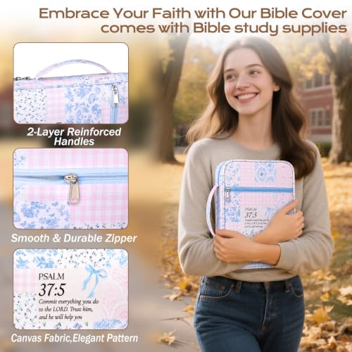 XKDOUS Bible Cover Case for Women Bible Bag Journaling Kit w/Study Supplies - color: Canvas Blue Patchwork, size: Large