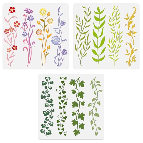 12 Pattern Leaf Vine Flower Wall Stencil Templates 11.8" x 11.8" Reusable Plastic Leaves Floral Stencils for Painting on Wood Wall Floor Fabric Glass Furniture, Vine DIY Home Decor Stencil - style: Vine A