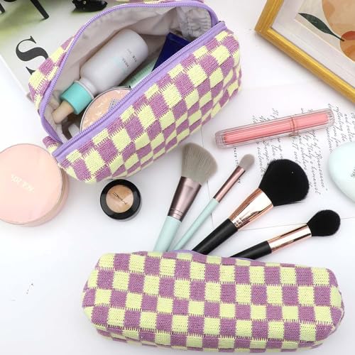 EIMMBD Makeup Bags 3 Pieces Large Capacity Checkered Cosmetic Bag Travel Toiletry Organizer Cute Makeup Pouch Storage for Women(Purple) - color: Purple