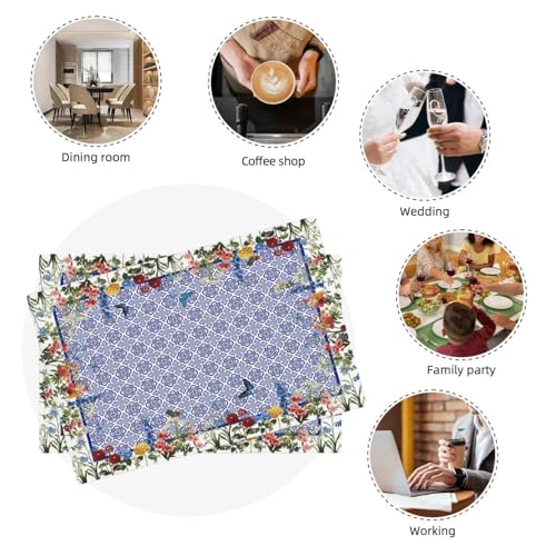 Chinoiserie Blue Floral Placemats Set of 4, Vintage Washable Heat Resistant Linen Fabric Rectangle Place Mat, Spring Summer Seasonal Table Mats for Kitchen Party Dining Table Decoration - color: Blue Flower