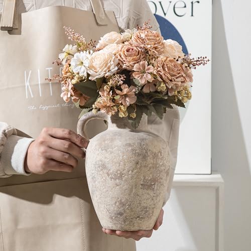 Enra Rustic Terracotta Vase with Handle, Textured Ceramic Home Decor - color: Farmhouse-8.85in-3