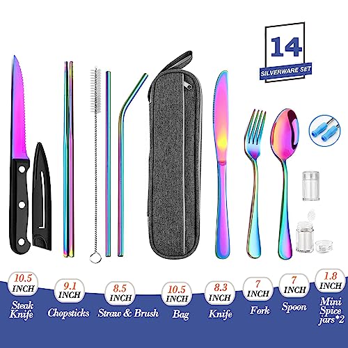 Portable Reusable Travel Utensils Silverware With Case, Camping Cutlery Set, Chopsticks and Straw, Flatware With Case, Stainless Steel Rainbow Top - color: Rainbow A